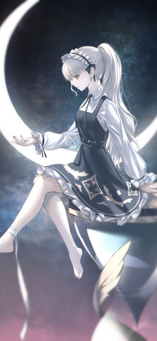 anime, girl, art, moon, pose