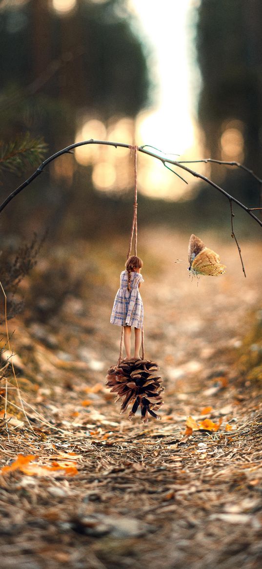 branch, cone, swing, girl, butterfly, nature