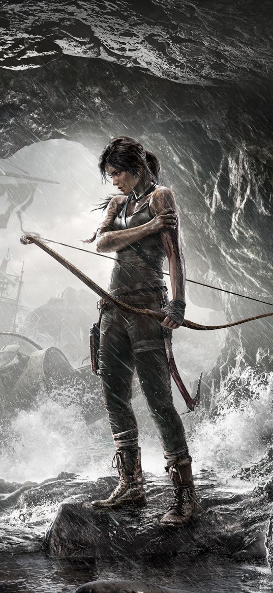 lara croft, tomb raider, game, girl, bow, cave, ships, art