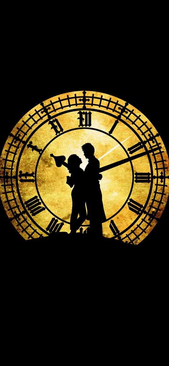 man, woman, couple, silhouettes, clock, dial