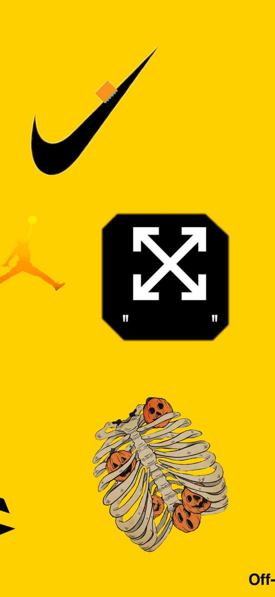 off-white, designer, jordan, logos, yellow background, art