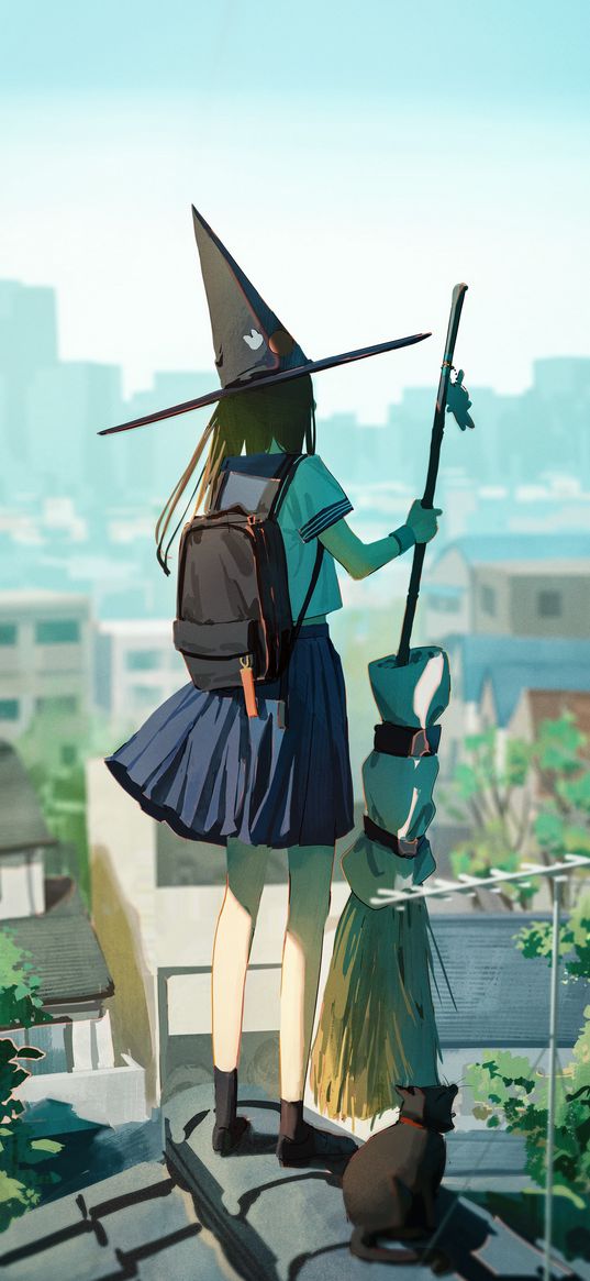 girl, anime, art, roof, hat, backpack, broom, cat