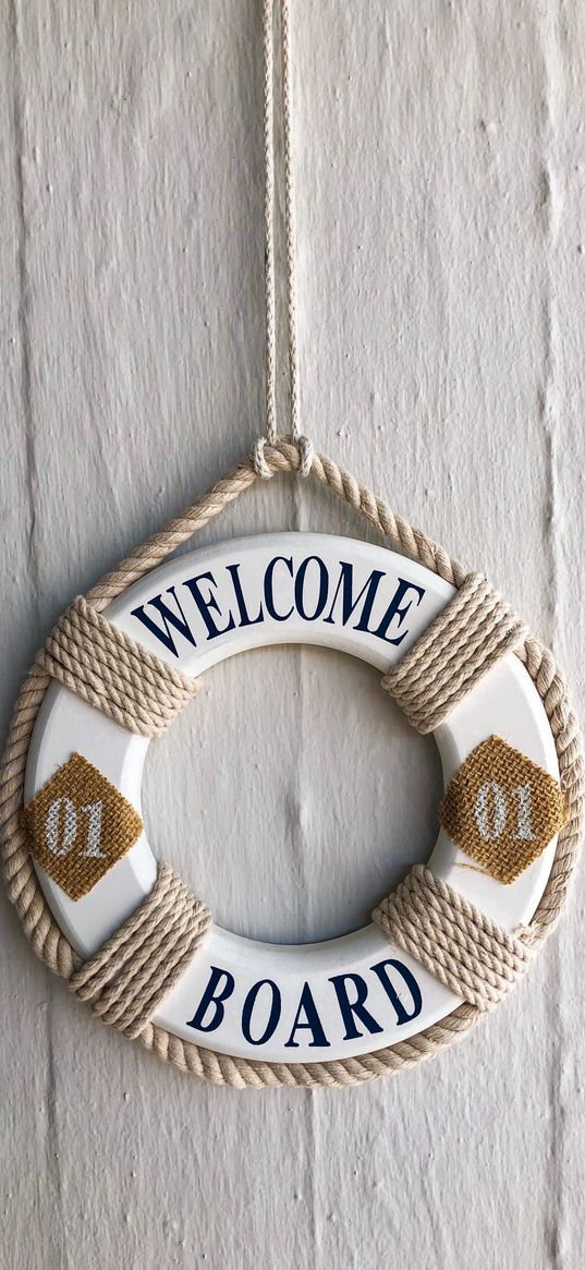 lifebuoy, rope, welcome board, planks