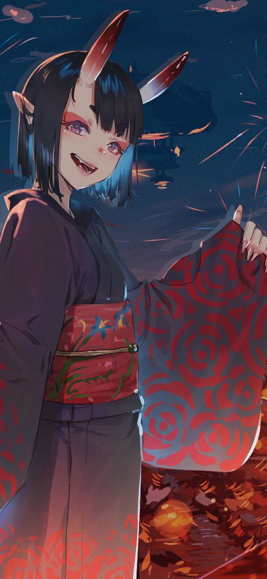 shuten-doji, fate, game, anime, girl, horns, kimono, demon, city, firework, fantasy, art