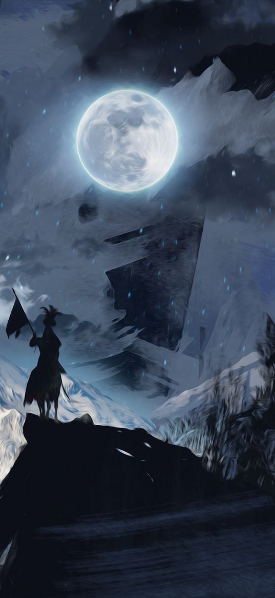 horseman, mountains, snow, moon, night, art