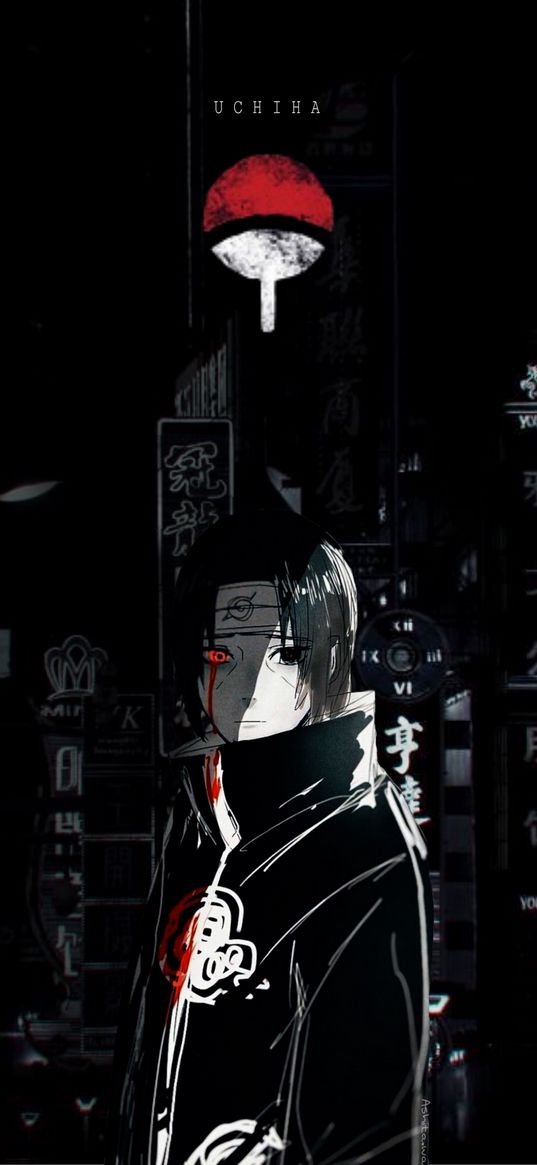 itachi uchiha, naruto, anime, guy, red eye, hieroglyphs, black, red, art