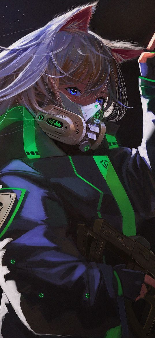 neko, girl, ears, respirator, machine gun, weapon, jacket, cyberpunk, dark background, anime, art