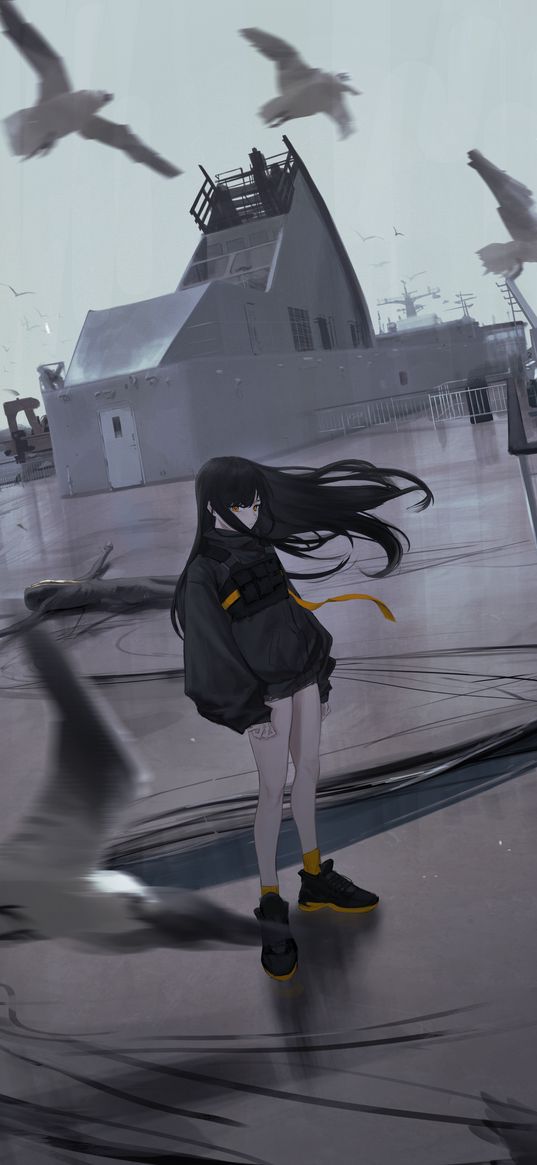 girl, warship, seagulls, birds, lonely, sad, monster, anime, art