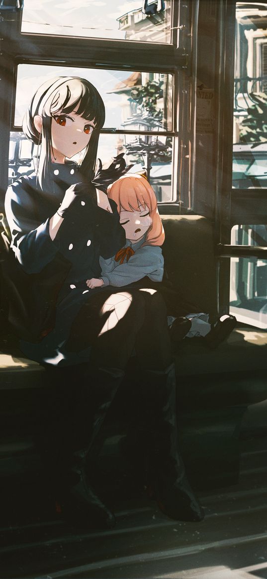 yor forger, anya forger, spy x family, anime, girl, girlie, sleeping, train, art