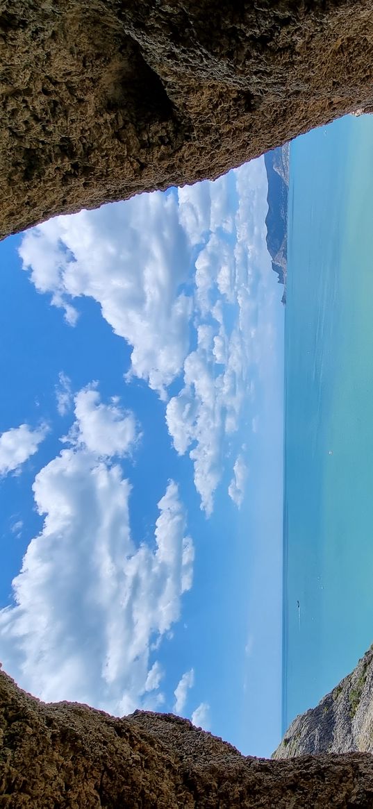 cave, rock, sea, sand, beach, clouds, blue sky, nature