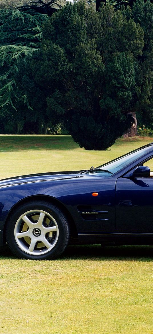 aston martin, v8, 1997, blue, side view, cabriolet, house, nature