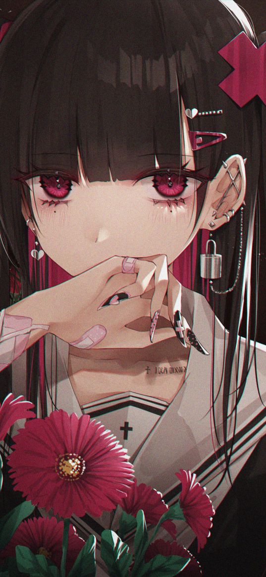 girl, beautiful, cute, flowers, manicure, plaster, jewelry, fashionable, pink, black, anime, art