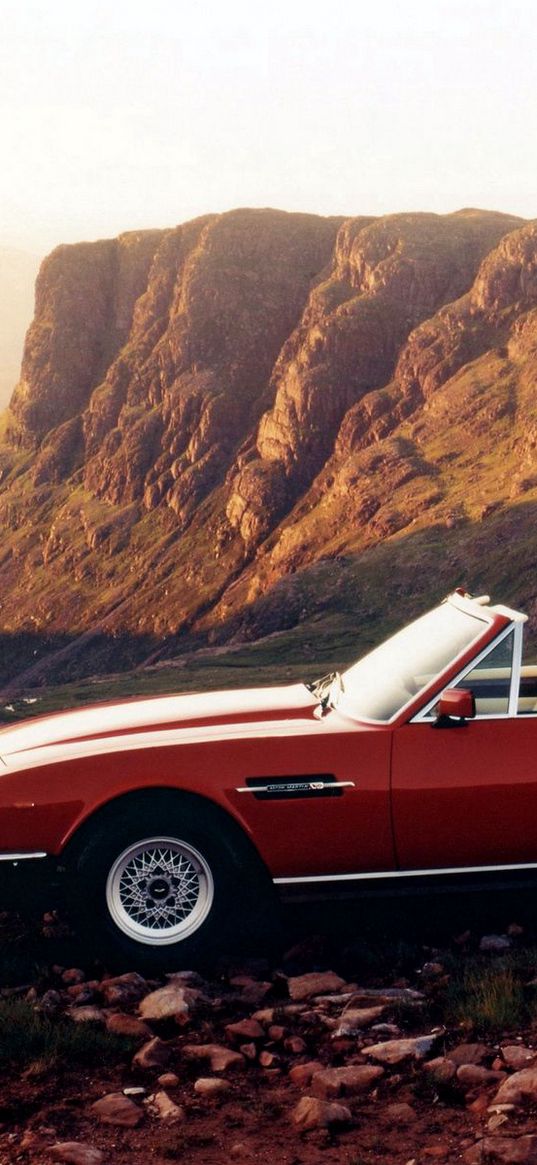 aston martin, v8, 1977, red, side view, cabriolet, auto, nature