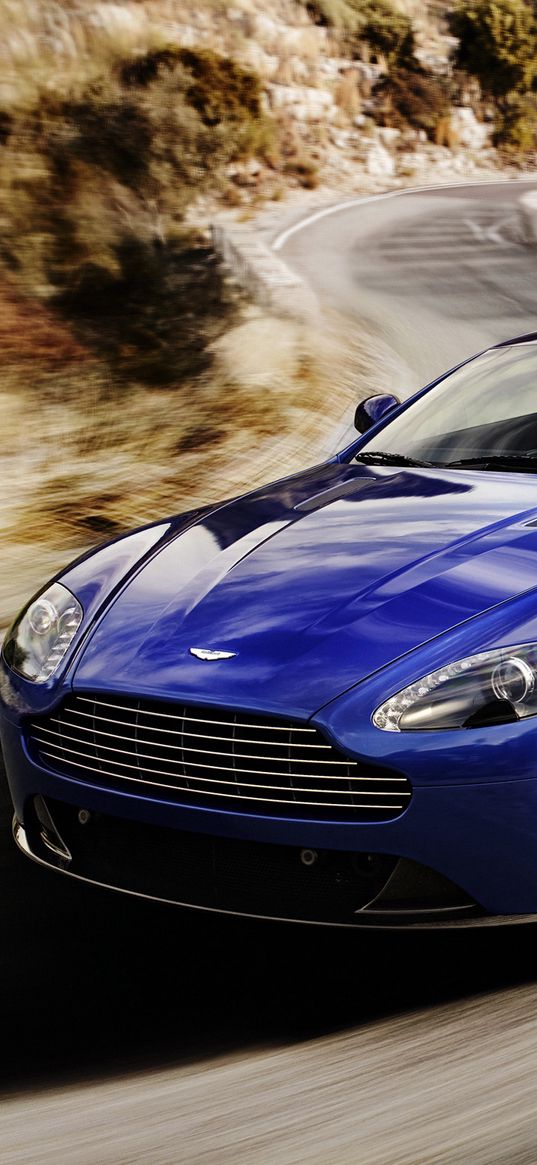 aston martin, v8, vantage, 2011, blue, front view, speed, track