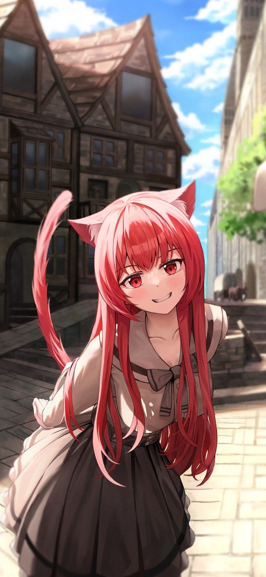 girl, anime, art, ears, tail, cat, village