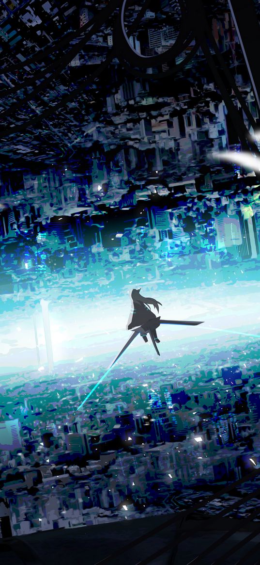 girl, anime, art, swords, city, flight