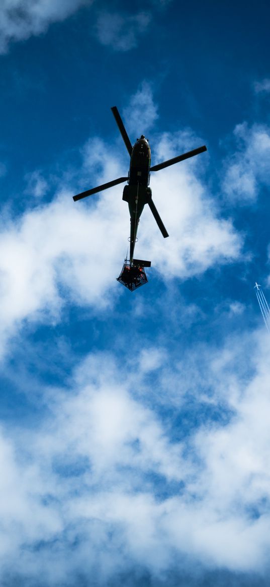 helicopter, aviation, blue sky, clouds