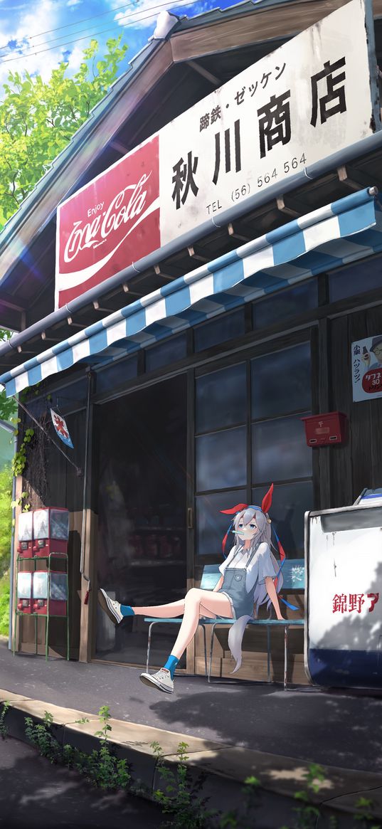 girl, ice cream, shop, street, summer, anime, art