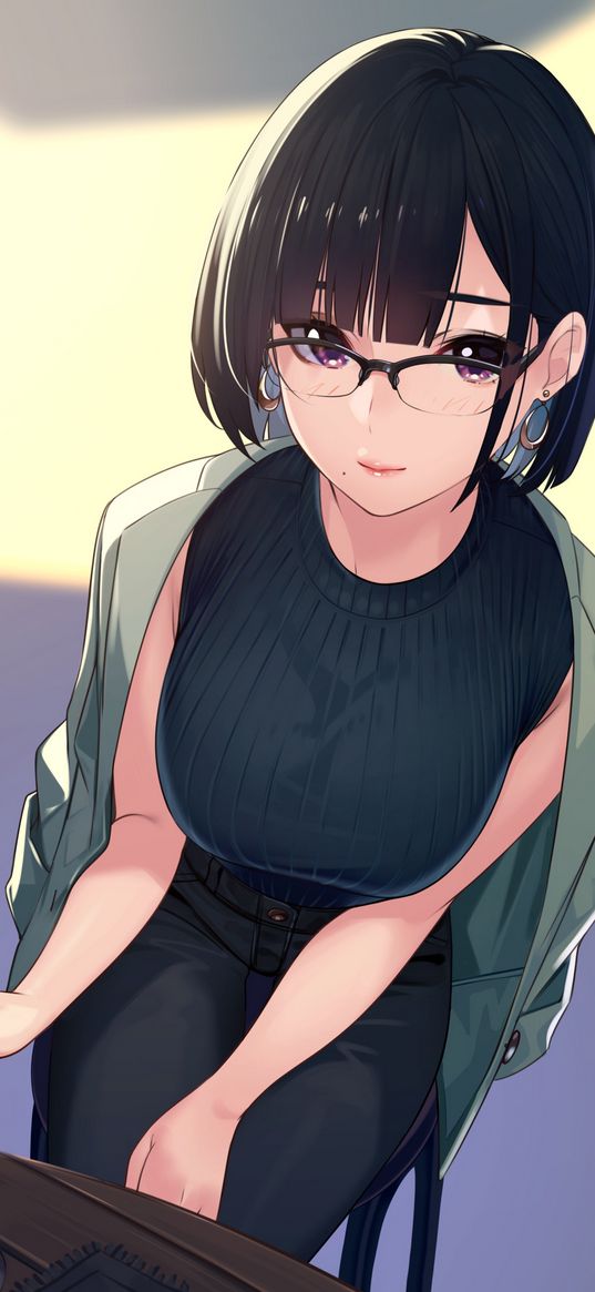 girl, beautiful, cute, glasses, jacket, cocktail, cafe, anime, art