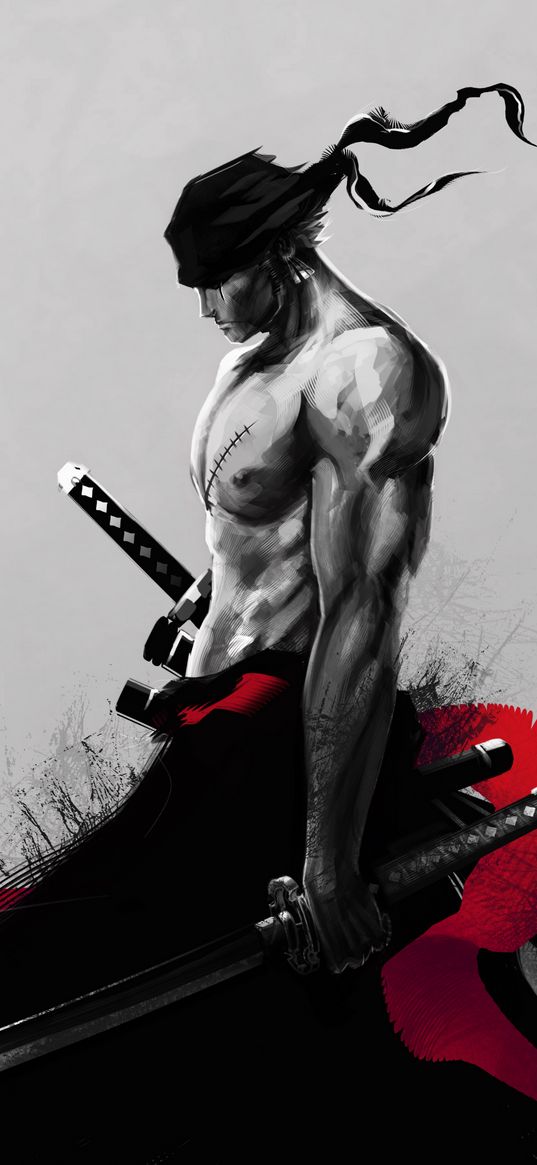 samurai, warrior, strong, muscular, katana, red, black and white, art