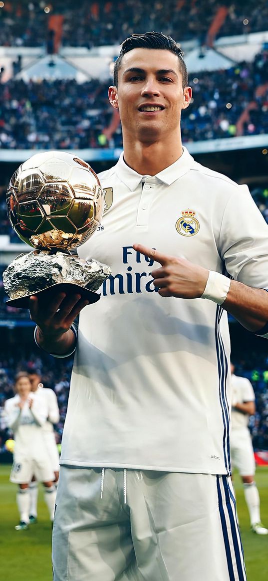 cristiano ronaldo, football player, cup, golden ball, smile, football, stadium