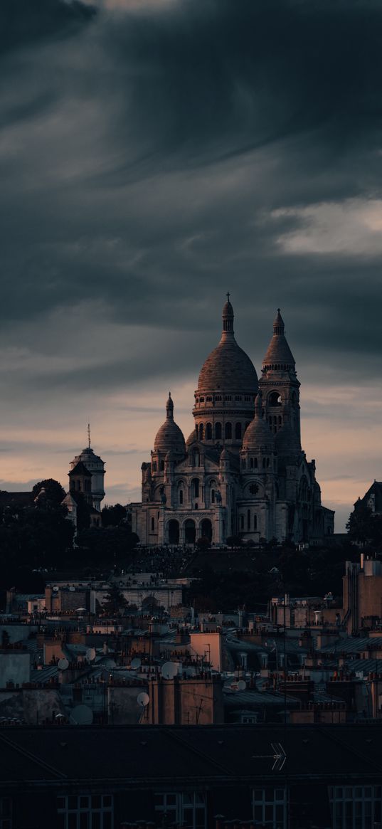 temple, palace, houses, city, evening, clouds, cloudy, sky, sunset