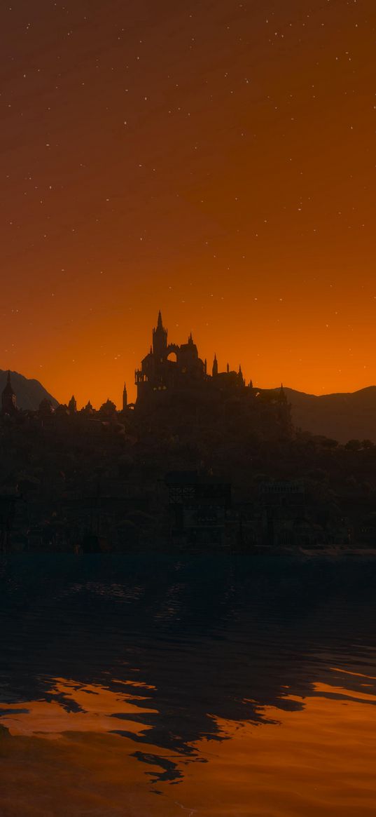 the witcher, game, castle, river, city, sunset, orange, stars, toussaint, art