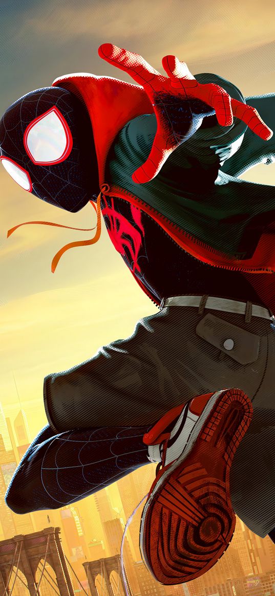 miles morales, spider-man, spiderman, superhero, marvel, hood, skyscrapers, bridge, jump, art