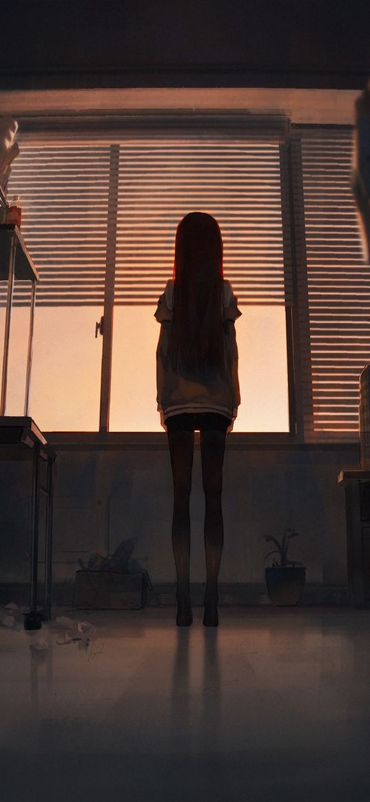 makise kurisu, steins gate, anime, girl, lonely, window, room, apartment, evening, sunset, art