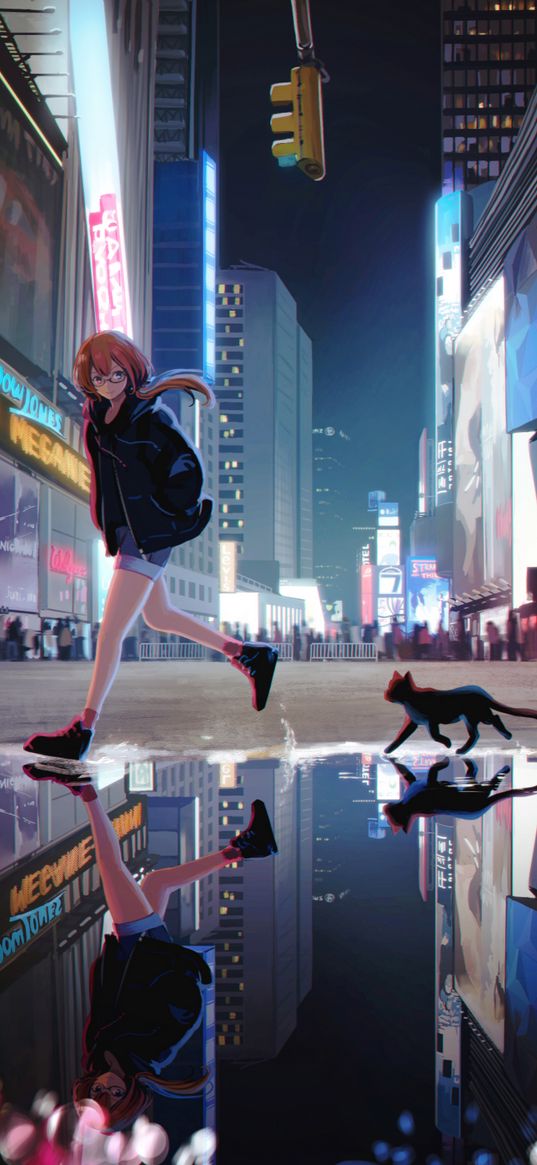 girl, cat, puddle, reflection, street, people, houses, city, night, anime, art