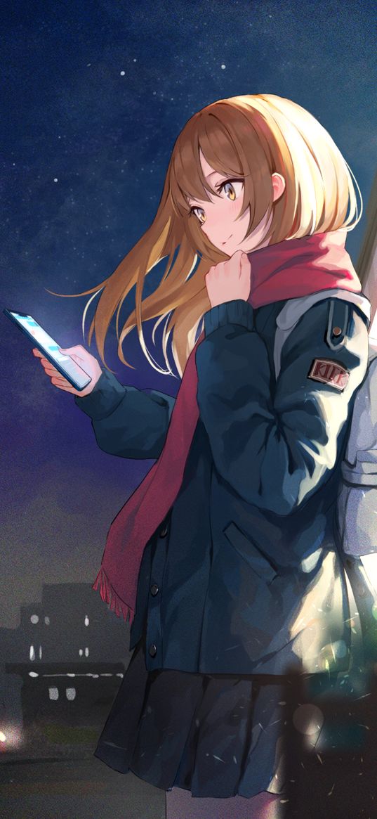 girl, anime, art, schoolgirl, scarf, backpack, phone, night