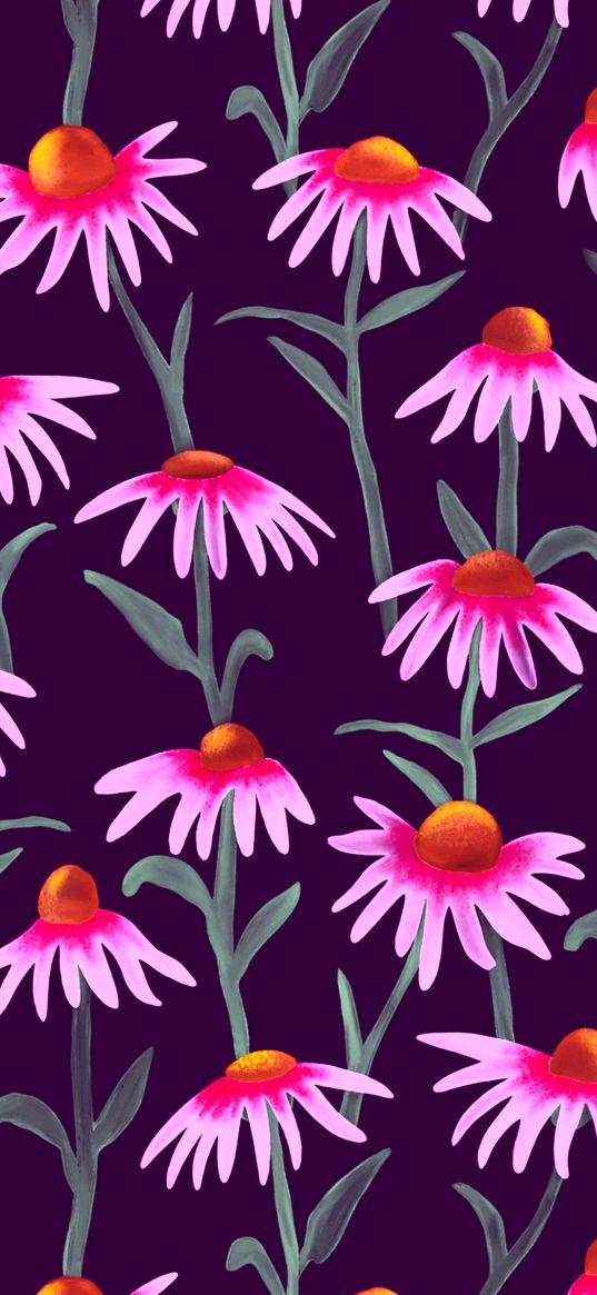 flowers, pink, orange, purple background, art