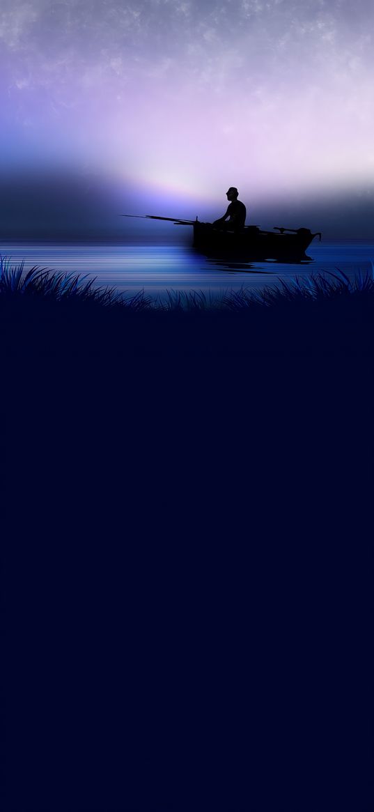 fisherman, man, boat, fishing rod, silhouette, lake, dark, night, minimalism, art