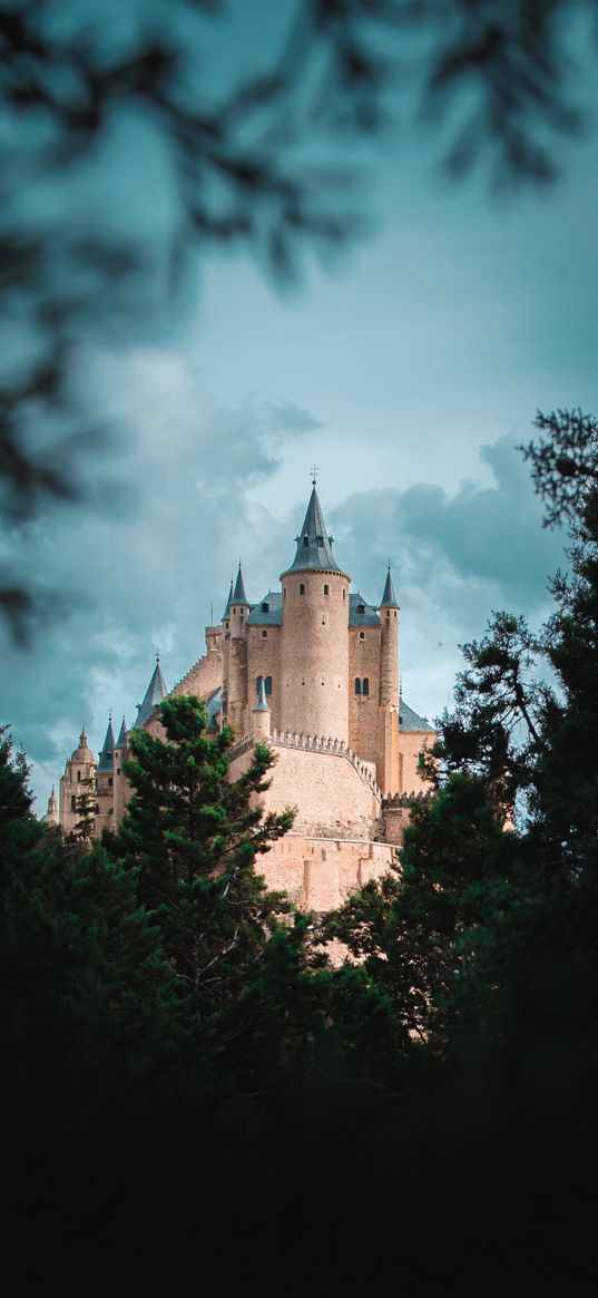 towers, castle, trees, forest, clouds, sky