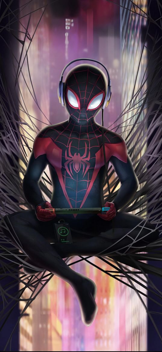 miles morales, spiderman, spider-man, superhero, marvel, psp, console, headphones, player, web, skyscrapers, art