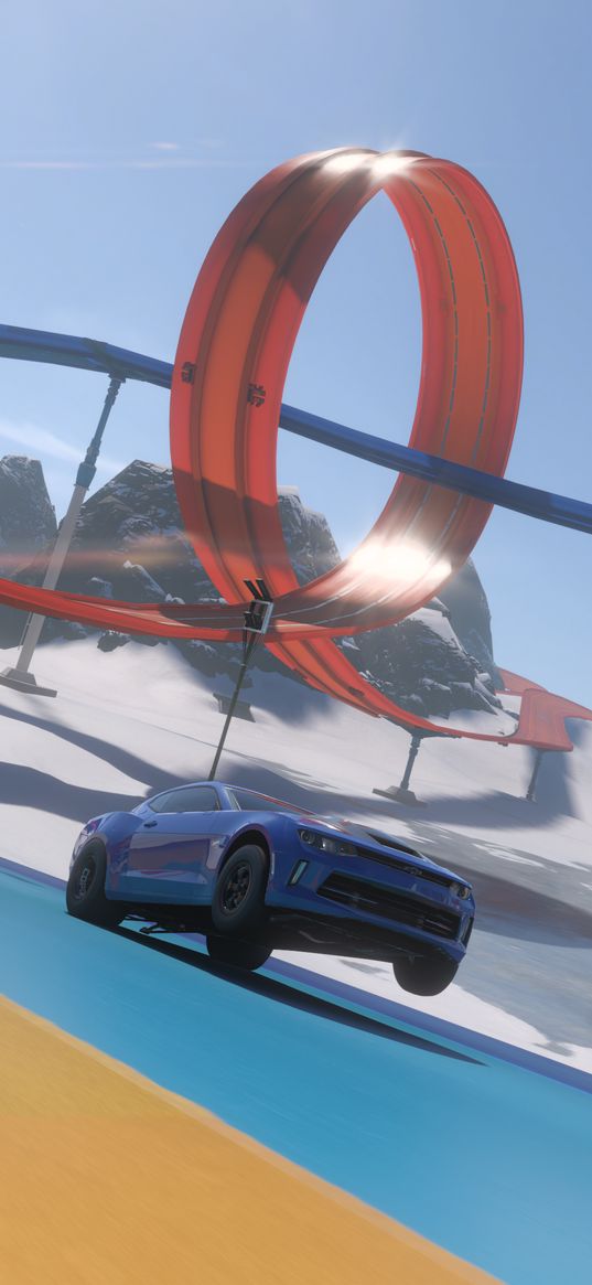 forza horizon, game, chevrolet camaro ss, chevrolet, sports car, blue, track, race, mountains, snow