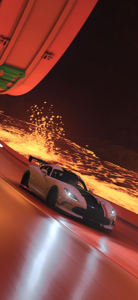 forza horizon, game, dodge viper acr, dodge, sports car, track, loop, lava, race