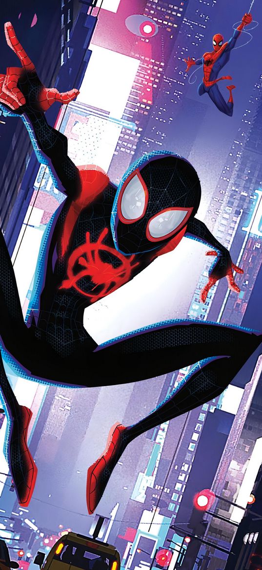 miles morales, peter parker, spiderman, spider-man, superhero, marvel, multiverse, skyscrapers, houses, street, city, art