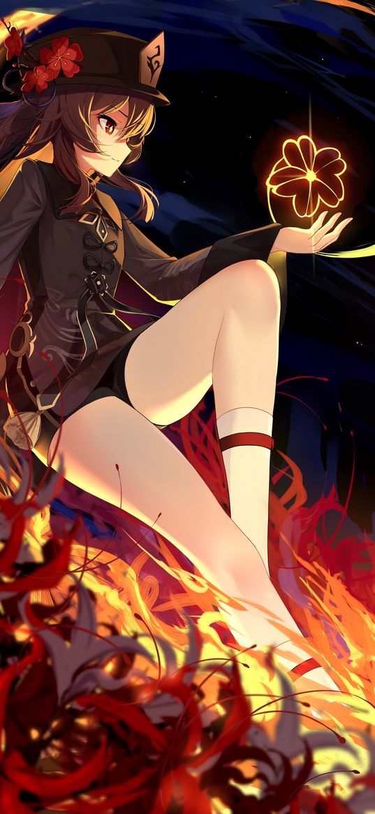 hu tao, genshin impact, anime, game, girl, hat, flowers, magic, fire, art