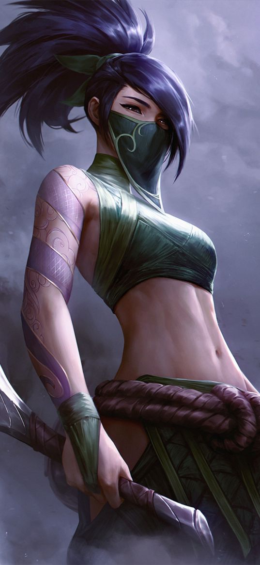 akali, league of legends, game, girl, mask, dagger, warrior, ninja, tattoo, anime, art