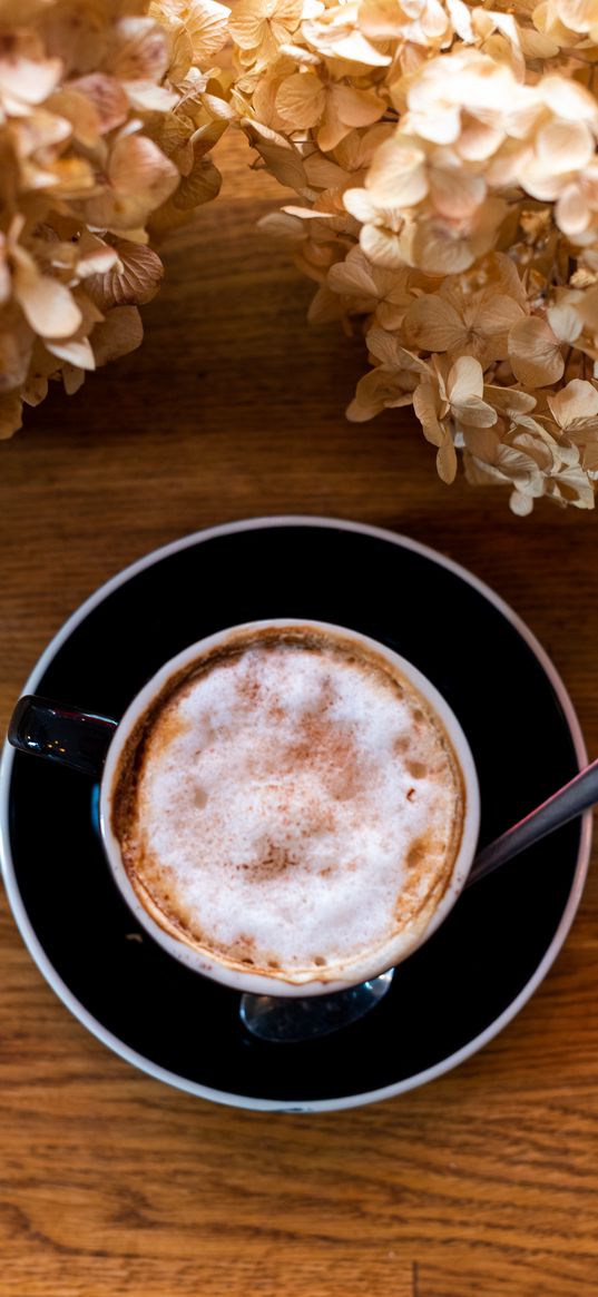 coffee, cappuccino, foam, cup, drink, dried flower