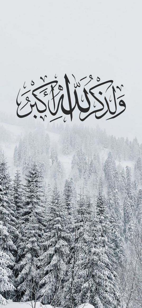 trees, forest, snow, alhamdullila, inscription, islam