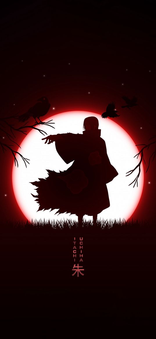 itachi uchiha, naruto, anime, crows, moon, red, dark, art