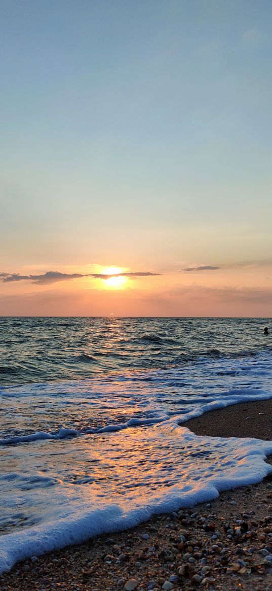 sea, sunset, shore, waves, evening