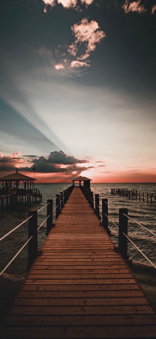 sea, pier, sunset