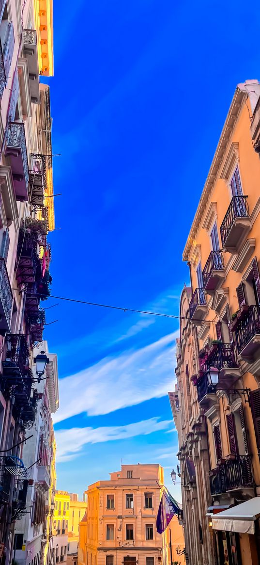 street, houses, architecture, balconies, blue sky, clouds, city, italy