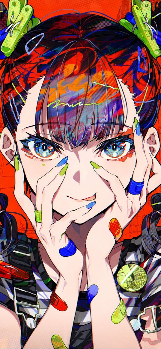 girl, blue eyes, beautiful, cute, plasters, clothespins, manicure, fashionable, colorful, bright, anime, art