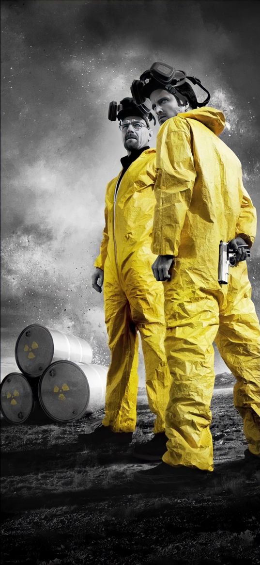 jesse pinkman, walter white, breaking bad, tv series, characters, men, respirators, barrels, radiation, gun, yellow, black and white, poster