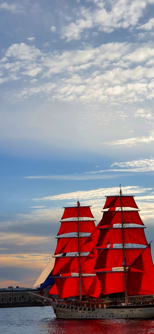 scarlet sails, ship, river, st. petersburg, city, clouds, sunset