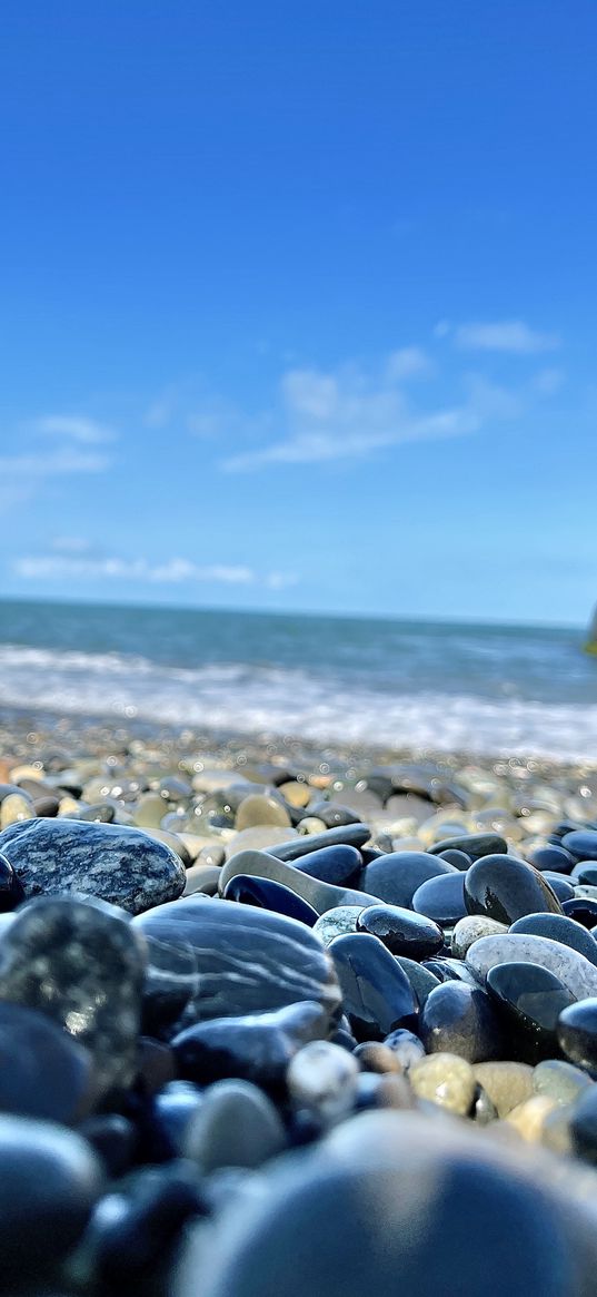 pebbles, stones, beach, shore, sea, horizon, clouds, blue sky, nature